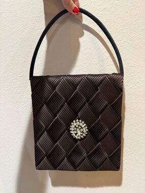 Vintage Woven Top Handle Handbag Rhinestone Brooch Retro 50s 60s Evening Purse